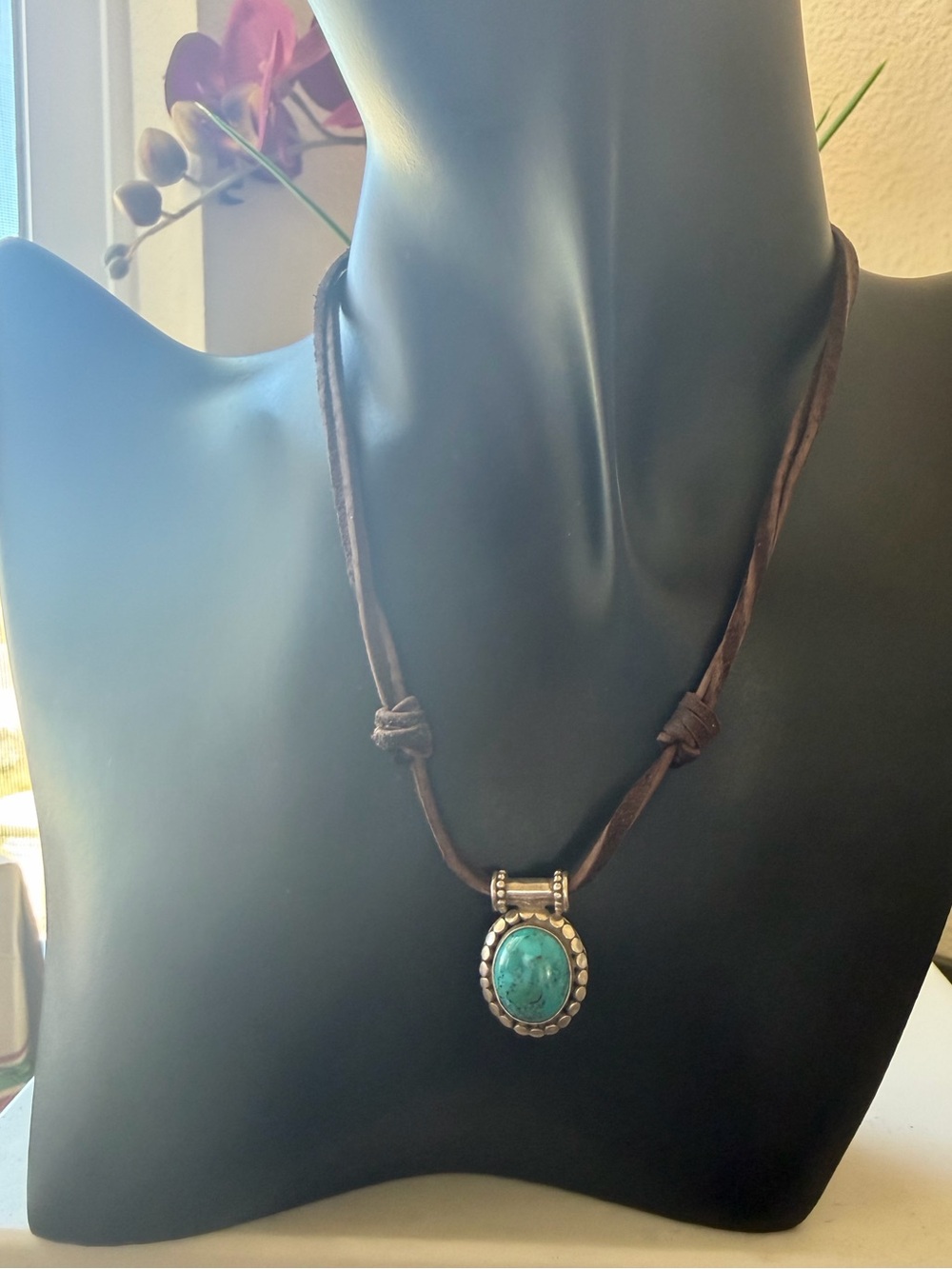 Genuine Leather Necklace with 925 Sterling Silver Turquoise Pendant handmade